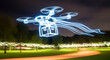 © abdul - Drone delivery concept with glowing light trails flying over a park at night, showcasing future technology and innovative logistics.