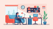 © Gayatri - Woman in suit working on laptop at home office desk with cityscape view and bookshelves