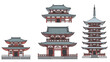 © Dawid - Collection of traditional japanese architectural structures including temples and a multi story pagoda on white background.
