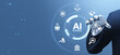 © ImageFlow - Robot hand interacting with digital AI ethics interface symbols on futuristic blue background showing technology governance concept.