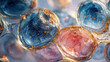© SCHRÖDER - 3D rendered biological human cells with orange nucleus floating in blue fluid under microscope environment with copy space