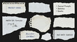 © al - Create a Torn notebook paper pieces isolated on black background. Eight torn notebook paper scraps in lined, dotted, and graph styles, perfect for collage, notes, journaling, and education vector art.