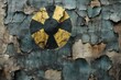 © Milana - cracked peeling teal and beige wall with rust stains and a weathered black-and-yellow radiation warning marking, evoking decay, abandonment and ominous danger