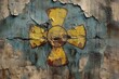 © Milana - peeling yellow hazard emblem painted on cracked blue concrete wall, rusted flaking paint and weathered decay, ominous and abandoned atmosphere