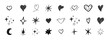 © Alyona - Crayon set heart, star, moon simple bright free hand icons doodle elements. Pastel childlike cute decoration. Scribble ink grunge heart shapes