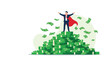 © Ahsan - Successful businessman wearing a red cape stands atop a huge pile of money with flying dollar bills around him.