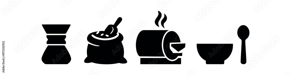 Roastery Vector Coffee roastery icon set. chemex brewer, coffee beans, roaster drum ...