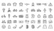 © Hacar - A set of black and white line art icons depicting various transportation modes and travel related symbols