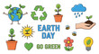 © Wafiq - Earth Day and Ecology Vector Icon Set featuring Cute Planet Earth, Recycling Symbol, Potted Plants, and Sustainable Energy Concepts on White Background