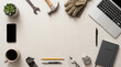 © Валентина Руденька - Work desk flat lay with construction tools laptop and empty space for text