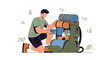 © semar - Hiker packing backpack for camping trip in nature with tents and trees