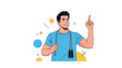 © Babu - Smiling athletic man with a jump rope around his neck pointing upwards with one finger against an abstract background with colorful circles.