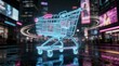 © AGI Studio - A futuristic neon shopping cart with digital effects glows on a rainy city street filled with vibrant lights and billboards.