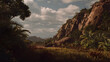 © pjjaruwan - Lush tropical valley with rocky cliff, tall grass and dramatic cloudy sky conveying calm adventure mood