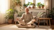 © PengAI - An elderly woman meditates cross-legged on a cushion in a sunlit living room surrounded by green potted plants.
