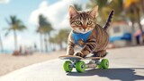 Cute brown tabby cat wearing a blue collar riding a skateboard on a sunny outdoor path with palm trees