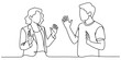 © S Arts & Culture - A black and white continuous line drawing of a woman and a man communicating with hand gestures