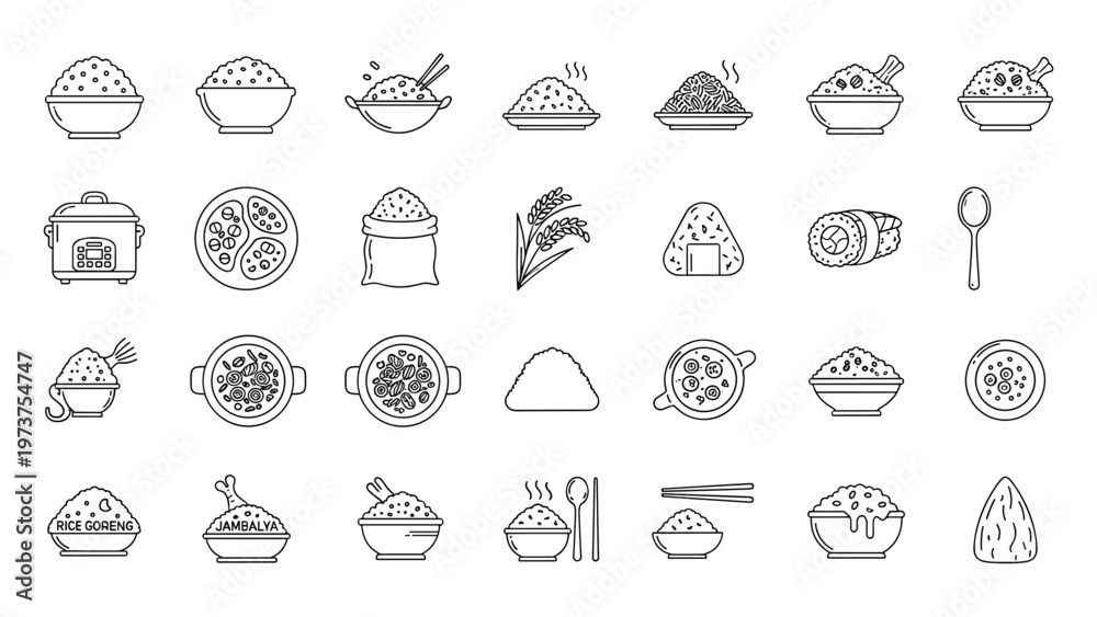Food Rice Menu Graphics Rice based food and japanese cuisine icons vector illustration for ...