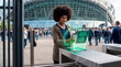 © Rendara Studio - Confident fan scanning mobile ticket at smart stadium entrance