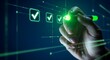 © Sumana - Futuristic interface interaction a hand reaches towards glowing checkmark icons in a digital network
