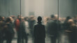 © Anton Popov - Person standing still behind glass among blurred crowd, expressing social anxiety, isolation, mental health, emotional distance, feeling invisible, and disconnection in fast paced modern society