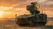 © Taras Roshchuk - A military radar system is mounted on an advanced armored vehicle. It is positioned in a desert landscape at sunset, with mountains in the background and clear skies