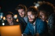 © patiporn - A diverse group of focused young professionals intently collaborate on a laptop screen late at night against a blurred cityscape backdrop.