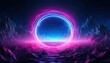 © Chici - Portal circular de neon brilhante em uma paisagem alienígena surreal com montanhas rochosas sob um céu estrelado de ficção científica.