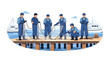 © Karima - Team of Fishermen on Pier: A group of dedicated fishermen work collaboratively on a wooden pier, meticulously preparing their nets, with a serene coastal backdrop and boats in the background.