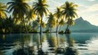 © Francheska - tropical island with leaning palm trees over calm lagoon, reflections in water, generative ai
