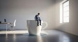© xoss gallery - A man in a business suit sits on a giant coffee cup in a modern office space