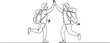 © MDROBIUL - Single continuous line drawing of two young happy tourist carrying backpack to go to holiday and gives high five gesture. one line art icon drawing vector