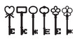 © Farik - Group of six antique decorative keys in black silhouette on white background Vector art.