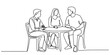 © Sojib - A continuous line drawing of three people sitting at a table engaged in a casual conversation.