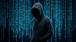 © Design Store - Mysterious hooded figure standing against a backdrop of cascading blue binary code streams, symbolizing digital world, data flow, and anonymous online presence.