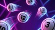 © Design Store - White lottery balls with numbers 3 7 12 19 42 flying in air with neon lights effect representing luck and chance in abstract background.