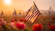 © Design Stock - Field of american flags at sunrise remembrance poppies bloom beautiful scene symbolizing honor and patriotism for memorial day.