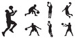 © Riki - Collection of basketball player silhouettes in various action poses on a white background.