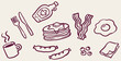 © Riki - Hand-drawn illustration of a delicious breakfast spread with pancakes, bacon, eggs, and coffee.