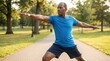 © Andrey - Senior man practicing yoga in a vibrant park setting, wearing a blue shirt and black shorts, with sunlight filtering through lush green trees