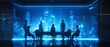 © hsantima - Futuristic business meeting in a neon cityscape.