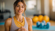 © Denis Yevtekhov - Fitness influencer speaking passionately to a camera in a bright gym or home workout space, athletic wear, motivational expression, defocused dumbbells and mat, exercise vlog, health content