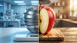 © Nikola Step - Conceptual apple split between scientific measurement and fresh, natural food