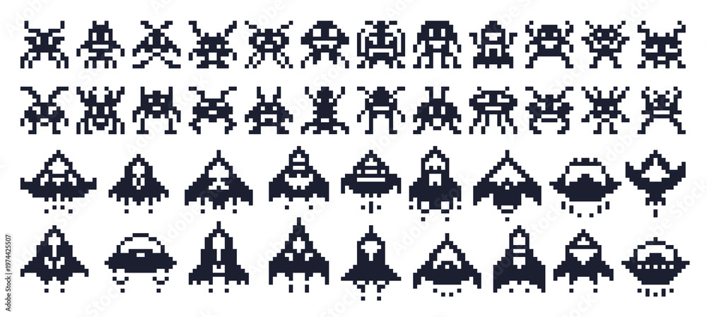 8 bit pixel art space ships and alien invaders characters, robots and ...