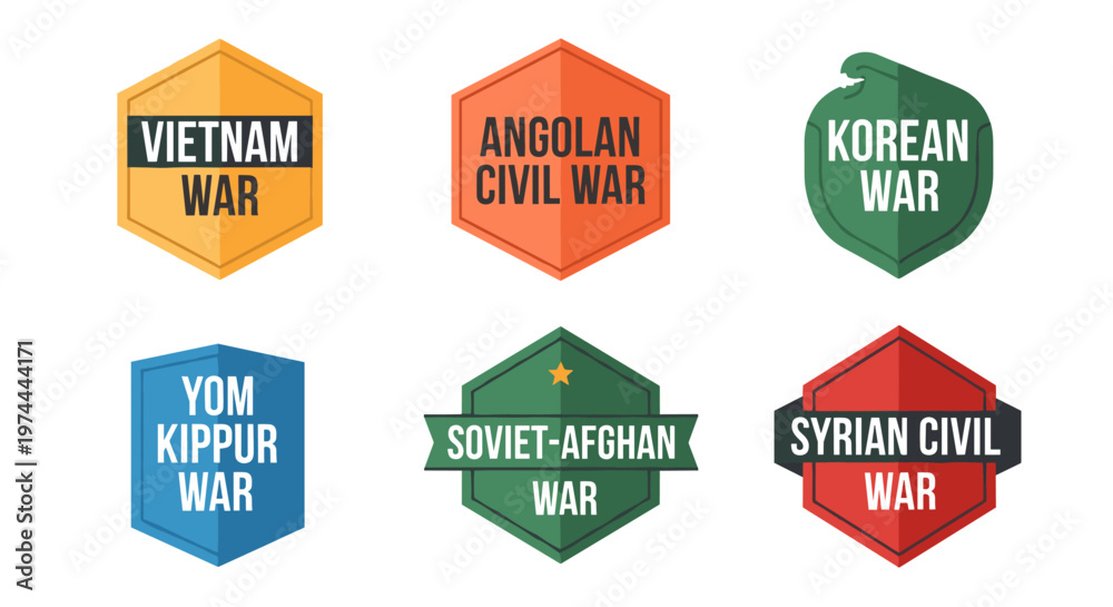 War Roles Emblems Collection of distinct historical conflict emblems featuring bold ...
