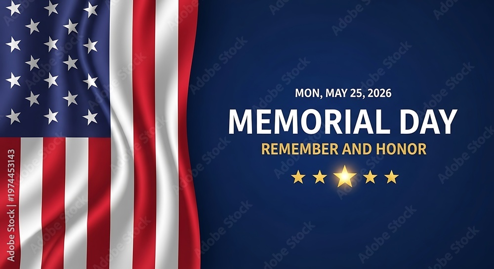 Memorial Day tribute with American flag and golden stars on dark blue ...