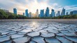 © AddStylerz - A parched, cracked earth foreground leads to a modern city skyline under a dramatic, cloudy sky.