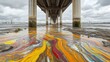 © AnImagine - Vibrant oil slick swirls in polluted water under a large urban bridge on an overcast day, showcasing environmental contamination