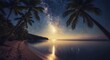 © RONNY - Beach at dusk with palm trees, serene sea, and a starry night sky