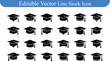 © graphicsobai - Graduation cap editable vector line stock icon collection with education academic university achievement